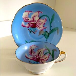 VTG BLUE WITH PURPLE FLOWERS TEACUP AND SAUCER AIYO CHINA MADE IN OCCUPIED JAPAN